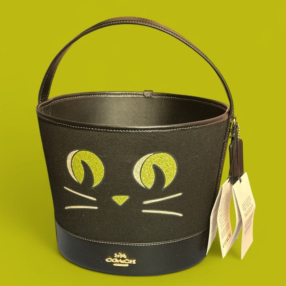 🎃 Coach Black Leather & Canvas Green Eyes Cat Halloween 🎃 Bucket Tote NWT